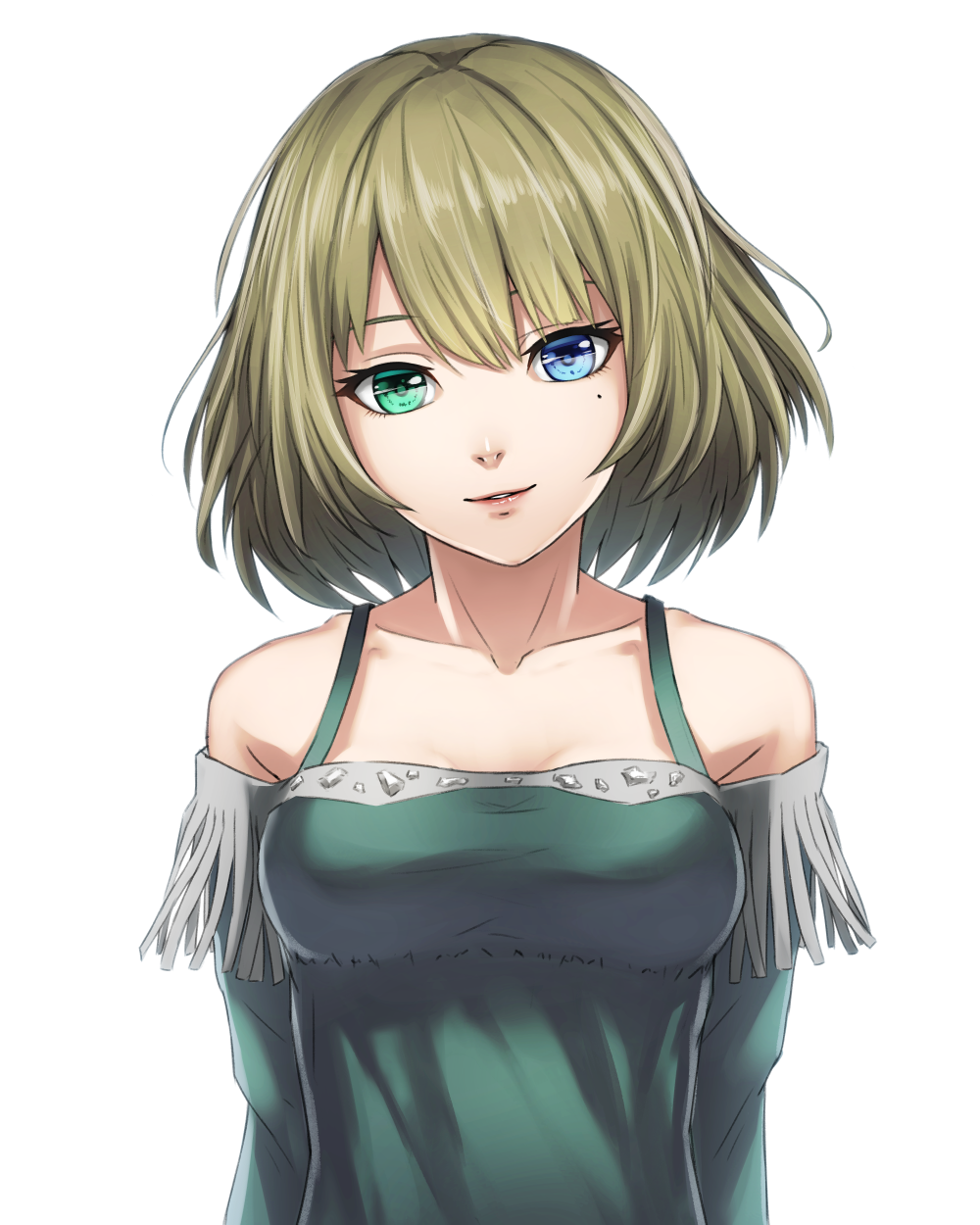 10s 1girl arms_at_sides blue_eyes breasts collarbone eyelashes female_focus fringe_trim green_eyes head_tilt heterochromia highres idolmaster idolmaster_cinderella_girls looking_at_viewer medium_breasts mole mole_under_eye off_shoulder parted_lips red_lips short_hair simple_background smile solo sugi_214 takagaki_kaede upper_body white_background