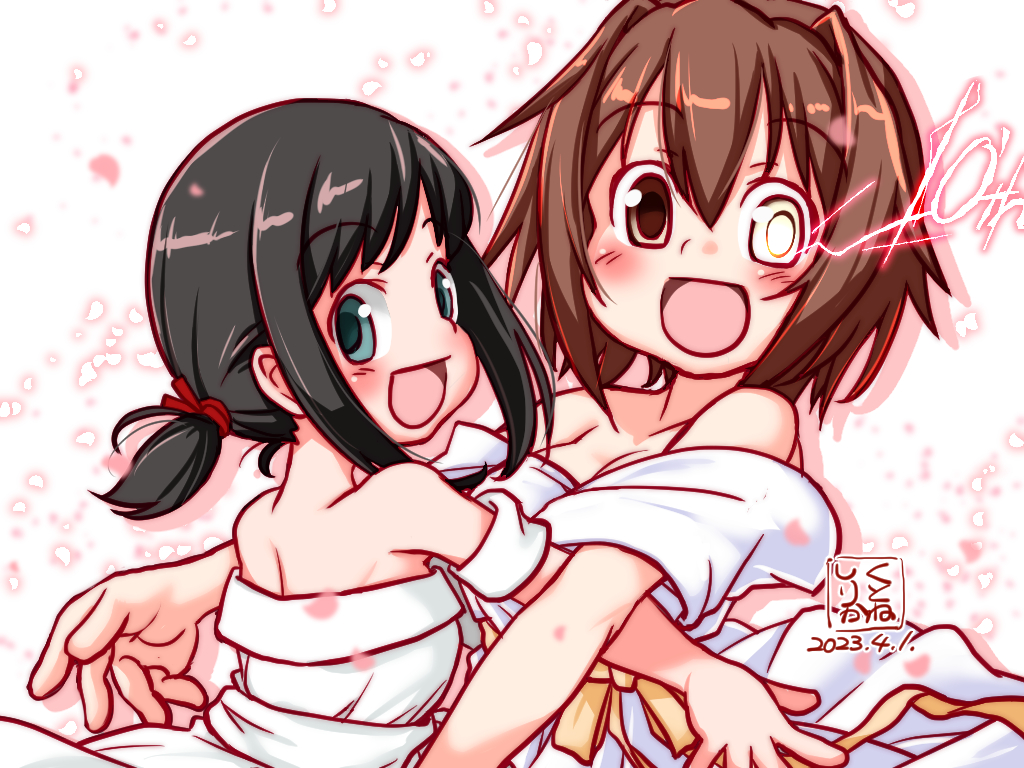 1girl anniversary artist_name bare_shoulders black_eyes black_hair brown_hair dated dress fubuki_(anniversary)_(kancolle) fubuki_(kancolle) furutaka_(anniversary)_(kancolle) furutaka_(kancolle) glowing glowing_eye heterochromia kantai_collection kutone_shirika low_ponytail medium_hair off-shoulder_dress off_shoulder open_mouth ponytail short_hair short_ponytail sidelocks smile solo white_dress yellow_eyes