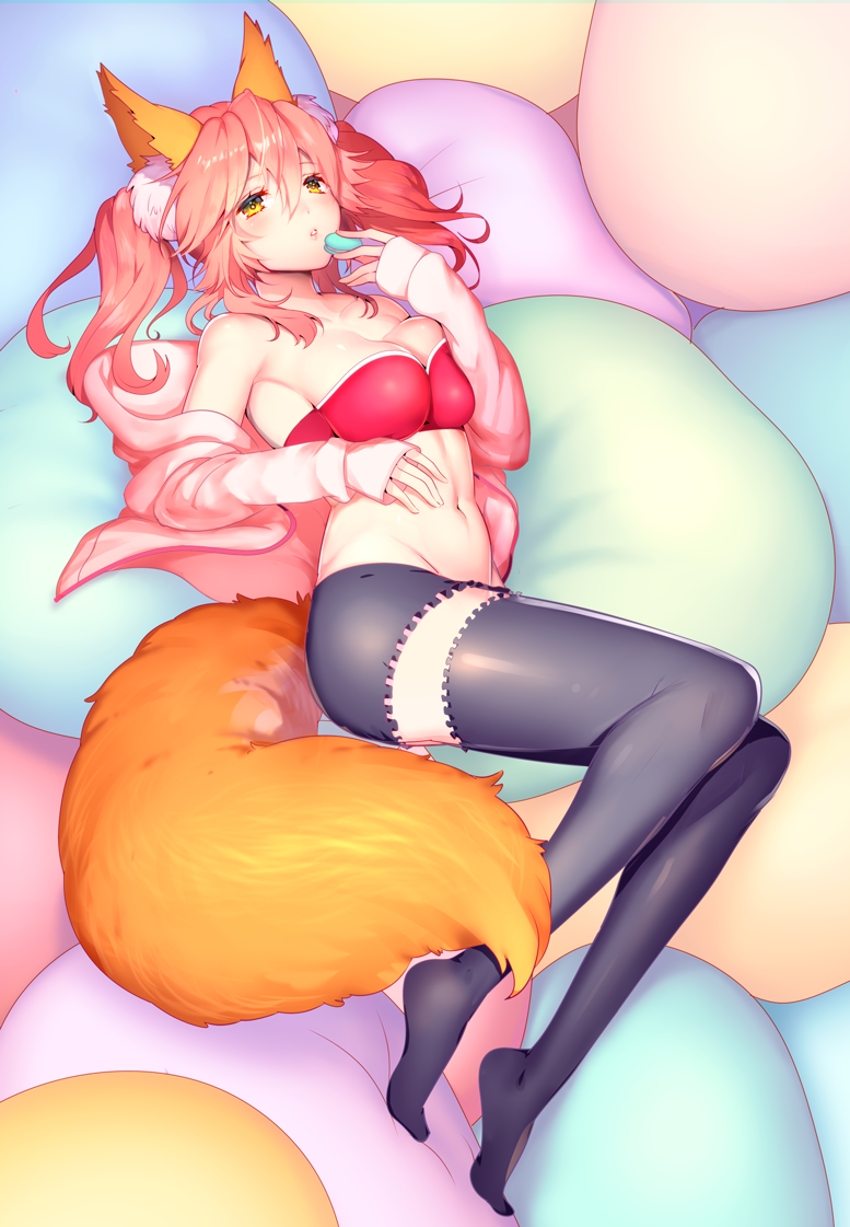 1girl animal_ear_fluff animal_ears bad_id bad_pixiv_id bandeau bare_shoulders black_thighhighs blush breasts cleavage collarbone fate/grand_order fate_(series) female_focus fox_ears fox_tail large_breasts long_hair looking_at_viewer lying mogullaz navel on_side parted_lips pink_hair solo tail tamamo_(fate) tamamo_no_mae_(fate/extra) thighhighs twintails yellow_eyes