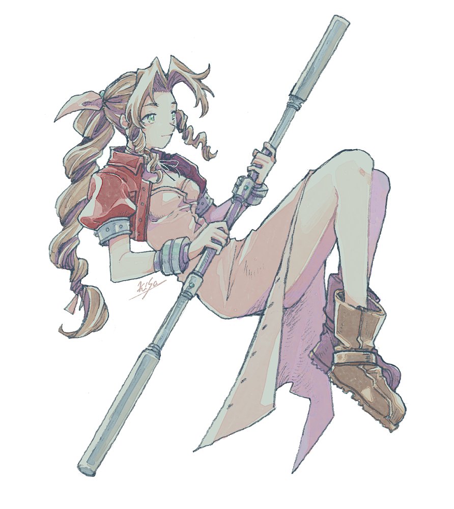 1girl aerith_gainsborough artist_name bangle boots bracelet braid braided_ponytail breasts brown_footwear brown_hair center_opening choker closed_mouth cropped_jacket dress final_fantasy final_fantasy_vii floating full_body green_eyes hair_bobbles hair_ornament hair_ribbon holding holding_staff jacket jewelry long_dress long_hair materia medium_breasts michibata_65 parted_bangs pink_dress pink_ribbon puffy_short_sleeves puffy_sleeves red_jacket ribbon ribbon_choker short_sleeves sidelocks single_braid solo staff white_background