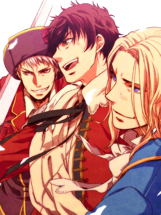 00s 3boys axis_powers_hetalia bad_friends_trio_(hetalia) blonde_hair blue_eyes brown_hair flower france_(hetalia) green_eyes grin hat himaki_u00e2u2014u2020 male_focus meko_(himaki) military military_uniform multiple_boys musketeer pirate prussia_(hetalia) red_eyes ribbon rose silver_hair smile spain_(hetalia) sword weapon