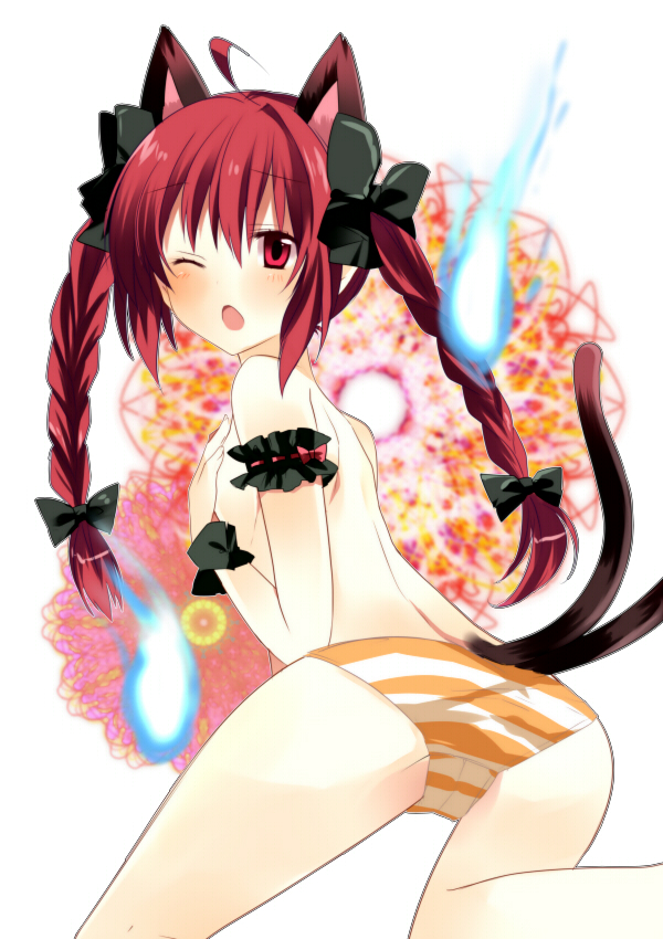 1girl ahoge animal_ears ass back bad_id bad_pixiv_id bow braid cat_ears cat_girl cat_tail female_focus from_behind fujishiro_emyu hair_bow kaenbyou_rin long_hair looking_at_viewer looking_back multiple_tails one_eye_closed panties panties red_eyes solo striped_clothes striped_panties tail topless touhou twin_braids underwear underwear_only wink