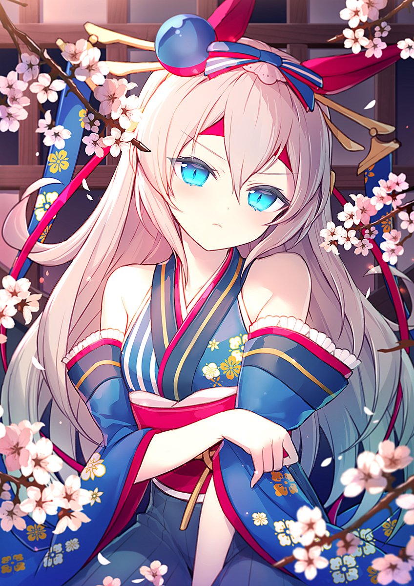 1girl bare_shoulders blue_eyes blue_kimono bow branch cherry_blossoms closed_mouth commentary_request detached_sleeves floral_print frown grey_hair hair_bow hair_ornament hairpin headband highres japanese_clothes kimono long_hair looking_at_viewer obi patori sash sleeveless sleeveless_kimono slit_pupils solo tamamo_cross_(umamusume) umamusume v-shaped_eyebrows