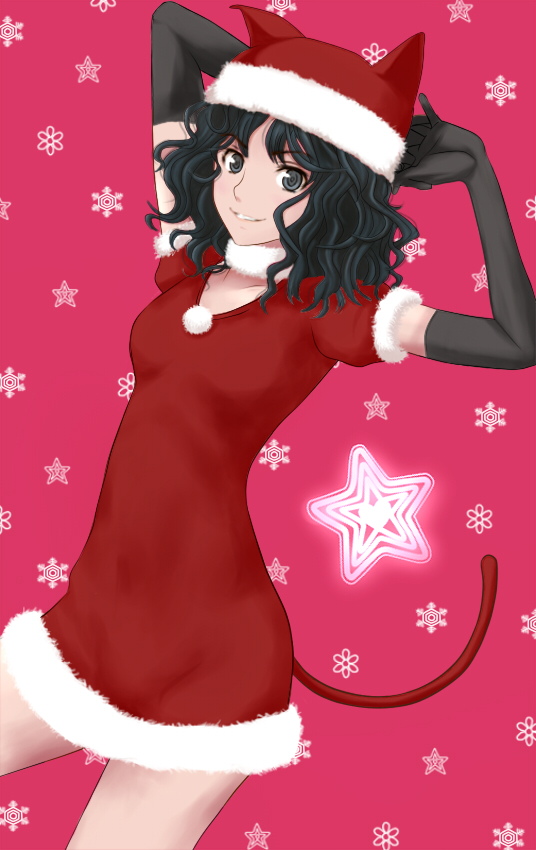 1girl amagami animal_ear_headwear arms_up black_eyes black_gloves black_hair breasts cat_tail curly_hair dress elbow_gloves fake_animal_ears fake_tail fur-trimmed_dress fur-trimmed_headwear fur_trim gloves looking_at_viewer medium_hair messy_hair official_alternate_costume own_hands_together parted_lips red_dress santa_costume short_dress small_breasts solo tail takemi_kaoru tanamachi_kaoru wavy_hair