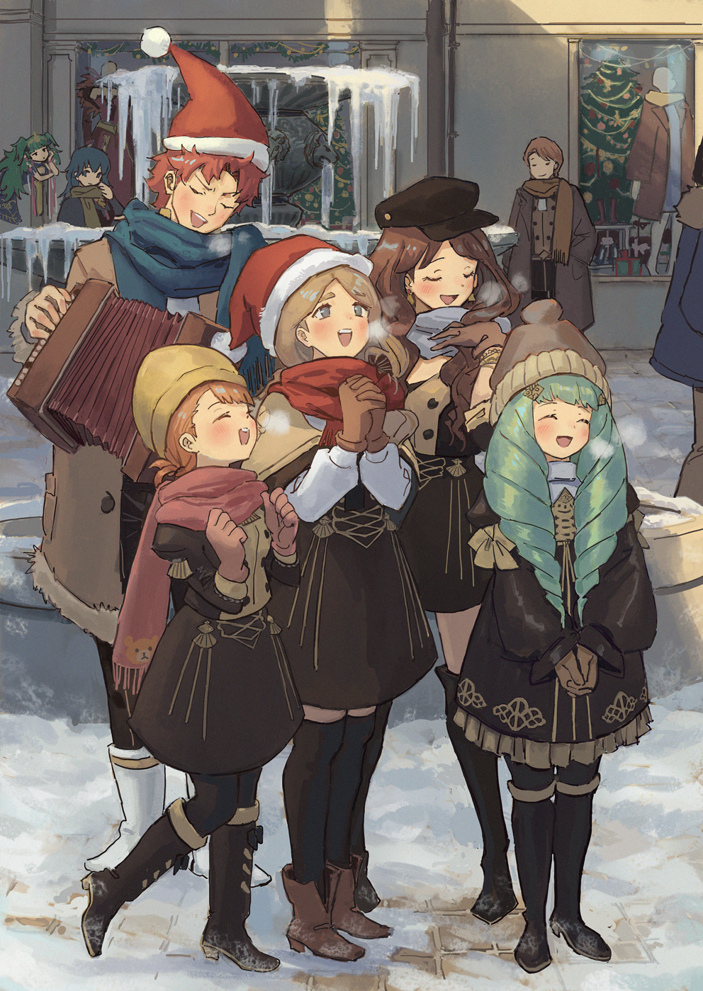 1boy 6+girls accordion ankle_boots annette_fantine_dominic beanie black_dress black_footwear black_hat black_pantyhose black_skirt blue_eyes blue_scarf blush boots bow breath brown_bow brown_coat brown_gloves brown_hair brown_hat byleth_(female)_(fire_emblem) byleth_(fire_emblem) cabbie_hat closed_eyes coat day dorothea_arnault dress drill_hair earrings fire_emblem fire_emblem:_three_houses flayn_(fire_emblem) fountain frilled_dress frills full_body garreg_mach_monastery_uniform gloves green_hair green_little hat highres ice instrument jewelry kneehighs long_sleeves looking_up mercedes_von_martritz multiple_girls music nintendo open_clothes open_coat open_mouth orange_hair outdoors own_hands_clasped own_hands_together pantyhose playing_instrument red_hair red_hat red_scarf santa_hat scarf singing skirt smile snow socks sothis_(fire_emblem) standing sylvain_jose_gautier thigh_boots white_footwear winter