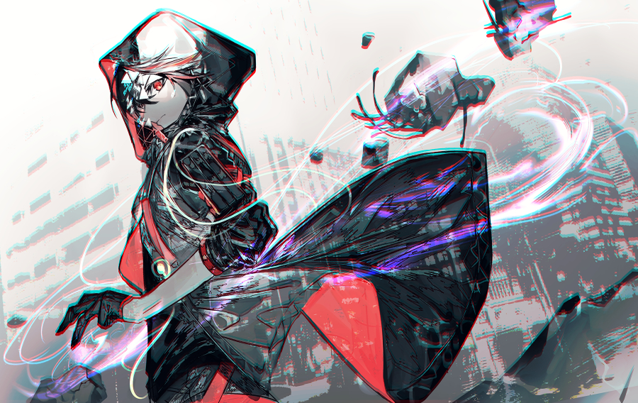 1boy black_gloves black_hair black_pants black_shirt city cityscape gloves hood hood_up hooded_jacket jacket looking_at_viewer male_focus pants red_eyes scarlet_nexus shirt sumeragi_yuito