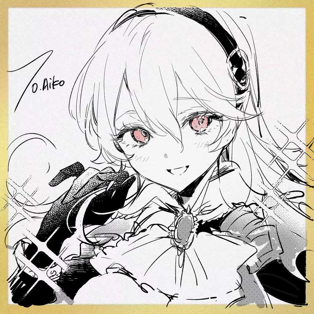 1girl :d ascot border breasts brooch chinese_commentary cleavage commentary_request corrin_(female)_(fire_emblem) corrin_(female)_(nohr_noble)_(fire_emblem) corrin_(fire_emblem) double-parted_bangs fire_emblem fire_emblem_fates gift_art gloves greyscale hair_between_eyes hairband hand_up jewelry kamu_(poulro) large_breasts light_blush looking_at_viewer monochrome nintendo open_mouth orange_border pink_eyes portrait screentones shikishi simple_background sketch smile solo sparkle sparkling_aura spot_color white_background