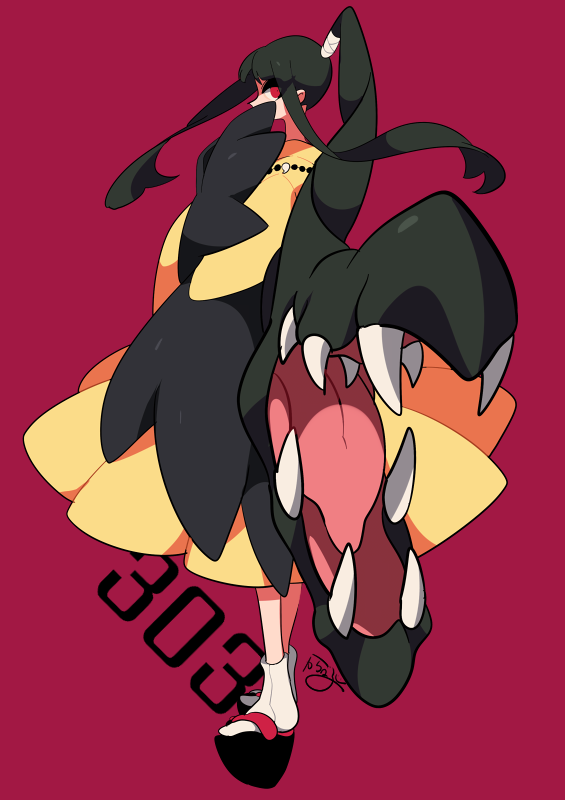 1girl black_hair covered_mouth covering_own_mouth creatures_(company) dress game_freak gen_3_pokemon humanization long_dress long_hair long_sleeves magatama mawile nintendo personification pokemon ponytail red_eyes sameyama_jiro sandals sidelocks signature simple_background socks thick_eyelashes