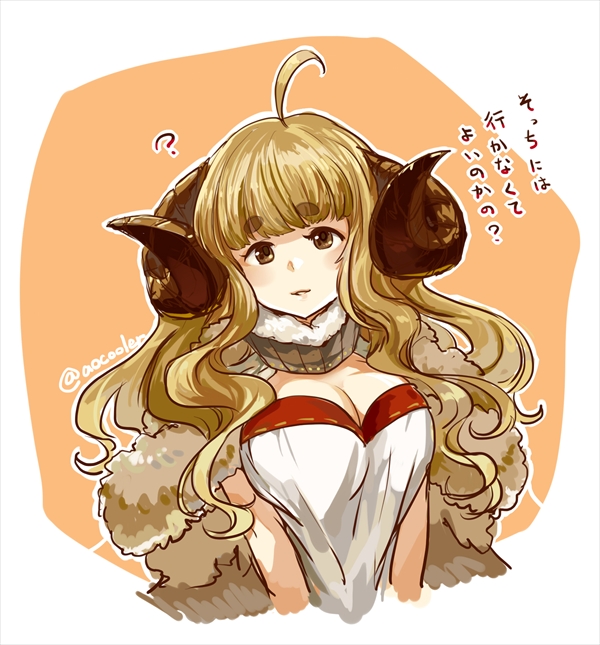 10s 1girl ? ahoge anila_(granblue_fantasy) ao_(aocooler) blonde_hair blunt_bangs breasts brown_eyes draph eyebrows female_focus granblue_fantasy horns large_breasts long_hair looking_at_viewer outline parted_lips sheep_horns short_eyebrows simple_background solo thick_eyebrows translation_request twitter_username upper_body wavy_hair white_background