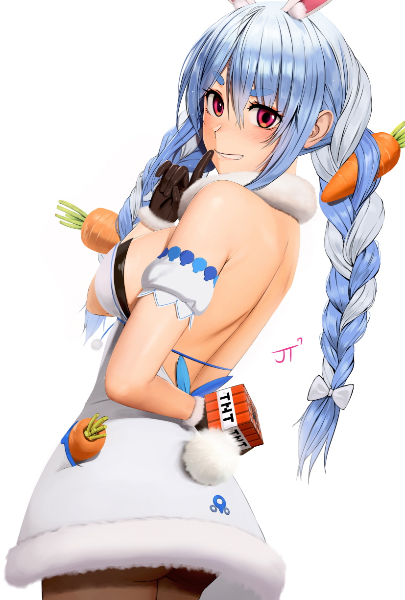 animal_costume banned_artist carrot carrot_hair_ornament explosive food-themed_hair_ornament hair_ornament highres hololive jellytits-7 looking_at_viewer looking_back rabbit_costume rabbit_ears rabbit_tail tnt usada_pekora virtual_youtuber