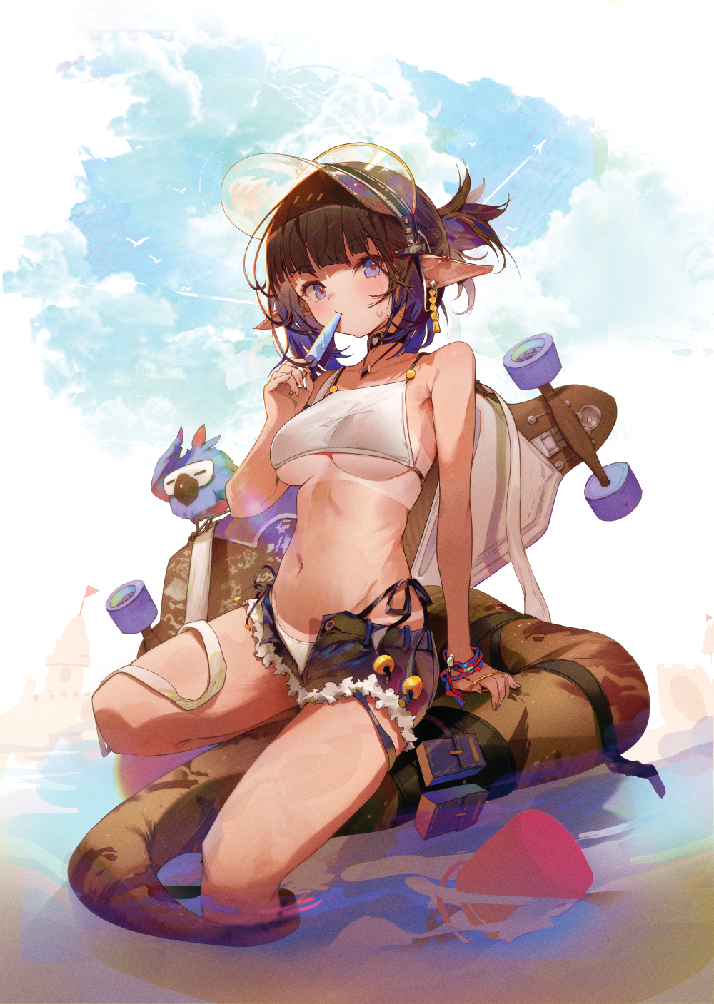 1girl arknights bare_shoulders bikini bikini_tan bird black_choker black_hair black_shorts blue_eyes breasts choker commentary_request dd9 earrings eunectes_(arknights) food highres ice_cream jewelry large_breasts long_tail looking_at_viewer multicolored_hair navel open_fly pointy_ears revision sand_castle sand_sculpture short_hair short_shorts shorts skateboard snake_tail solo swimsuit tail tan tanline underboob visor_cap water white_bikini