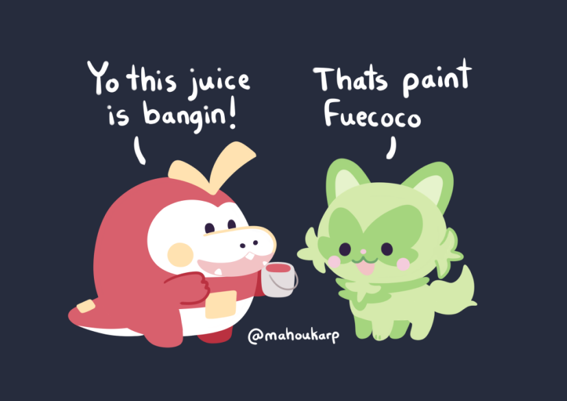 :3 blush_stickers cat commentary creatures_(company) crocodile crocodilian english_text fuecoco full_body game_freak green_cat grey_background mahoukarp meme nintendo no_humans oh_shit_this_juice_is_bangin_yo_(meme) open_mouth paint_can pokemon pokemon_(creature) smile sprigatito