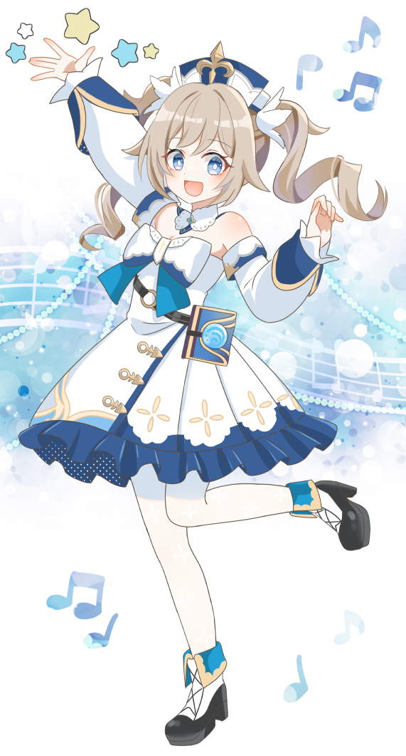 1girl barbara_(genshin_impact) blonde_hair blue_eyes blush book_holster bow detached_sleeves dress dress_bow drill_hair genshin_impact musical_note open_mouth pantyhose smile solo standing standing_on_one_leg twin_drills vision_(genshin_impact) white_bow white_dress white_pantyhose ying1hua1