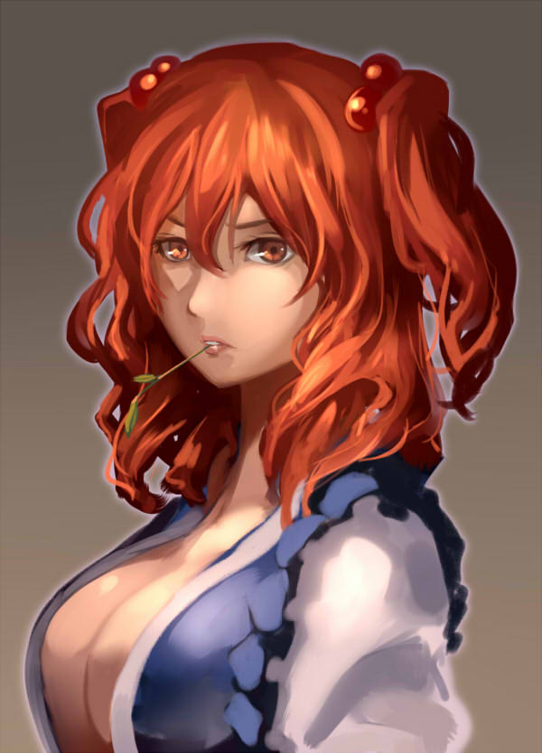 1girl breasts brown_background cleavage eyelashes female_focus frills gradient_background grass hair_between_eyes hair_bobbles hair_ornament i-la large_breasts looking_at_viewer matching_hair/eyes mouth_hold onozuka_komachi orange_eyes orange_hair solo touhou two_side_up upper_body