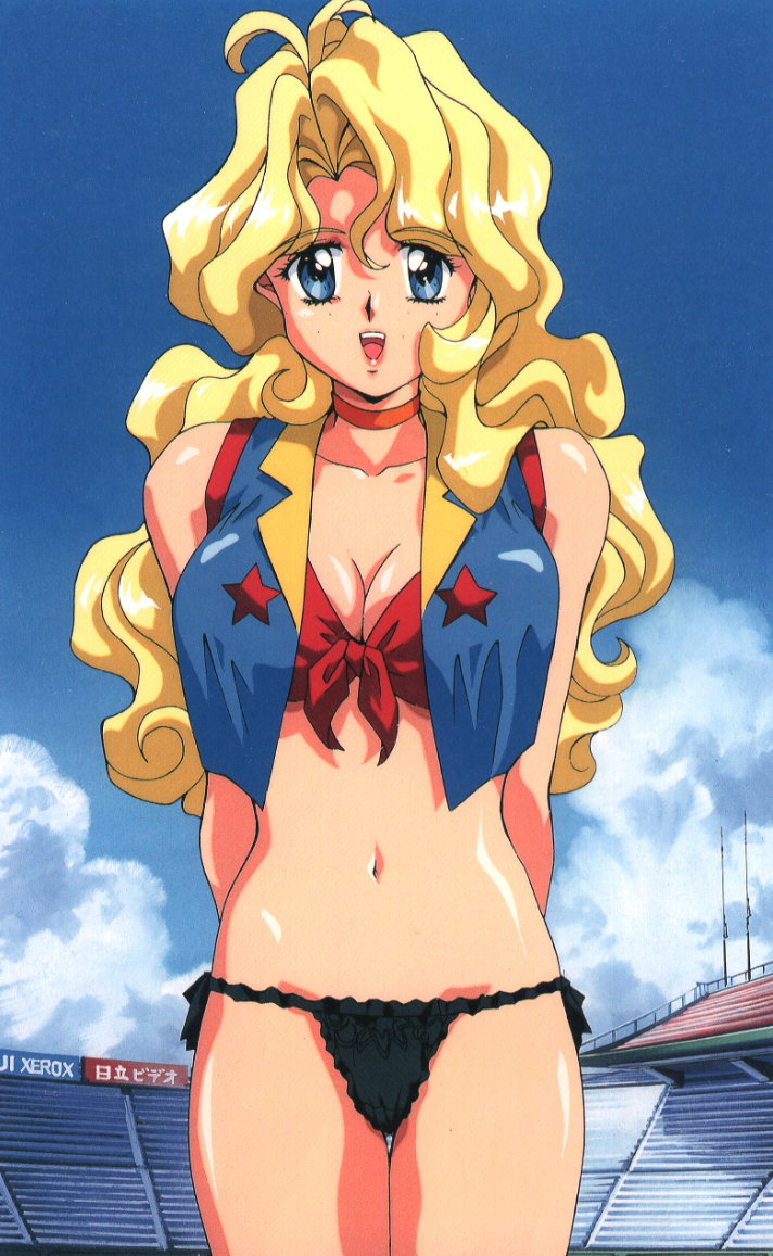 1girl arms_behind_back black_panties blonde_hair blue_eyes blue_vest bra breasts cleavage cloud collarbone freckles kate_yamamura large_breasts long_hair looking_at_viewer navel open_mouth outdoors panties red_bra sky smile stadium star_(symbol) sugiyama_genshou taisen_idol_mahjong_final_romance_r taisen_mahjong_final_romance_r teeth underwear vest