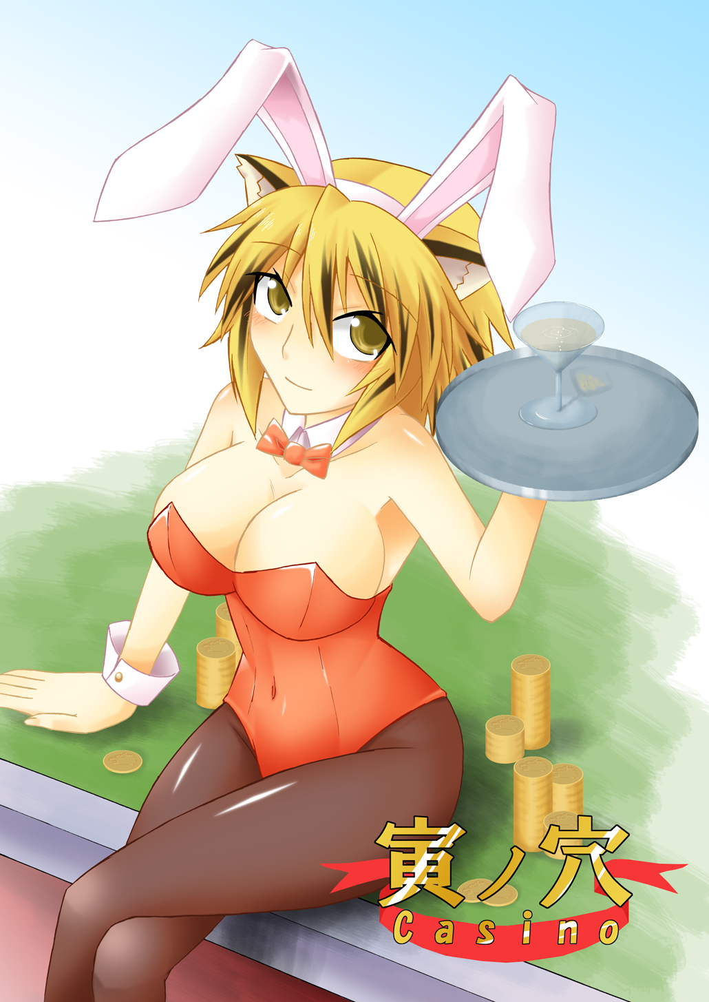 1girl animal_ears rabbit_ears playboy_bunny female_focus highres ken_tatsuki okkiiwanko pantyhose solo toramaru_shou touhou