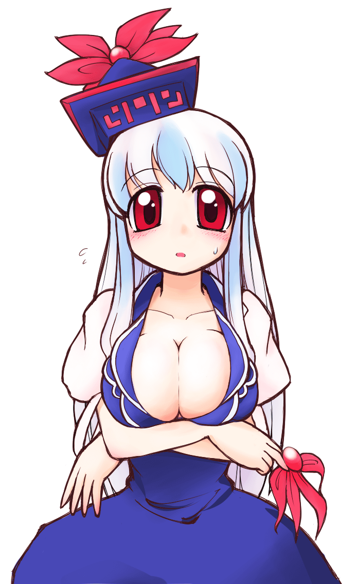 1girl blue_hair blush breast_hold breasts cleavage dress female_focus hat kamishirasawa_keine large_breasts long_hair red_eyes simple_background solo sotto touhou white_background