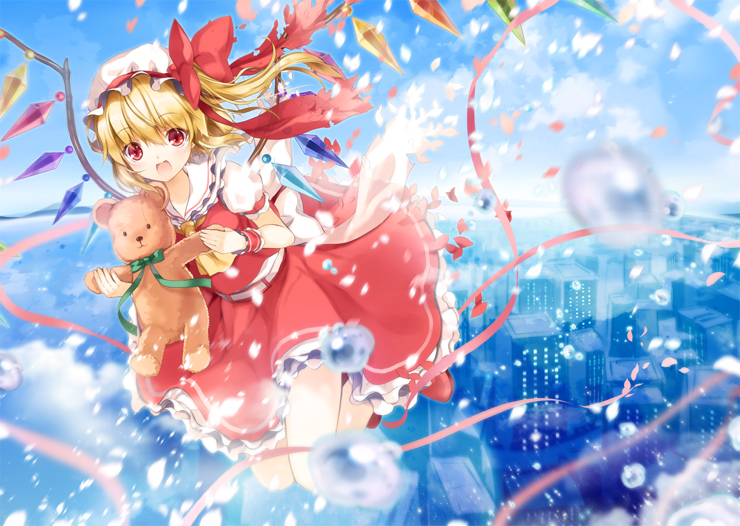 1girl 6u_(eternal_land) bear blonde_hair building city day female_focus flandre_scarlet flying gloves hat kiyu red_eyes sky skyscraper solo stuffed_animal stuffed_toy teddy_bear touhou water_drop wings