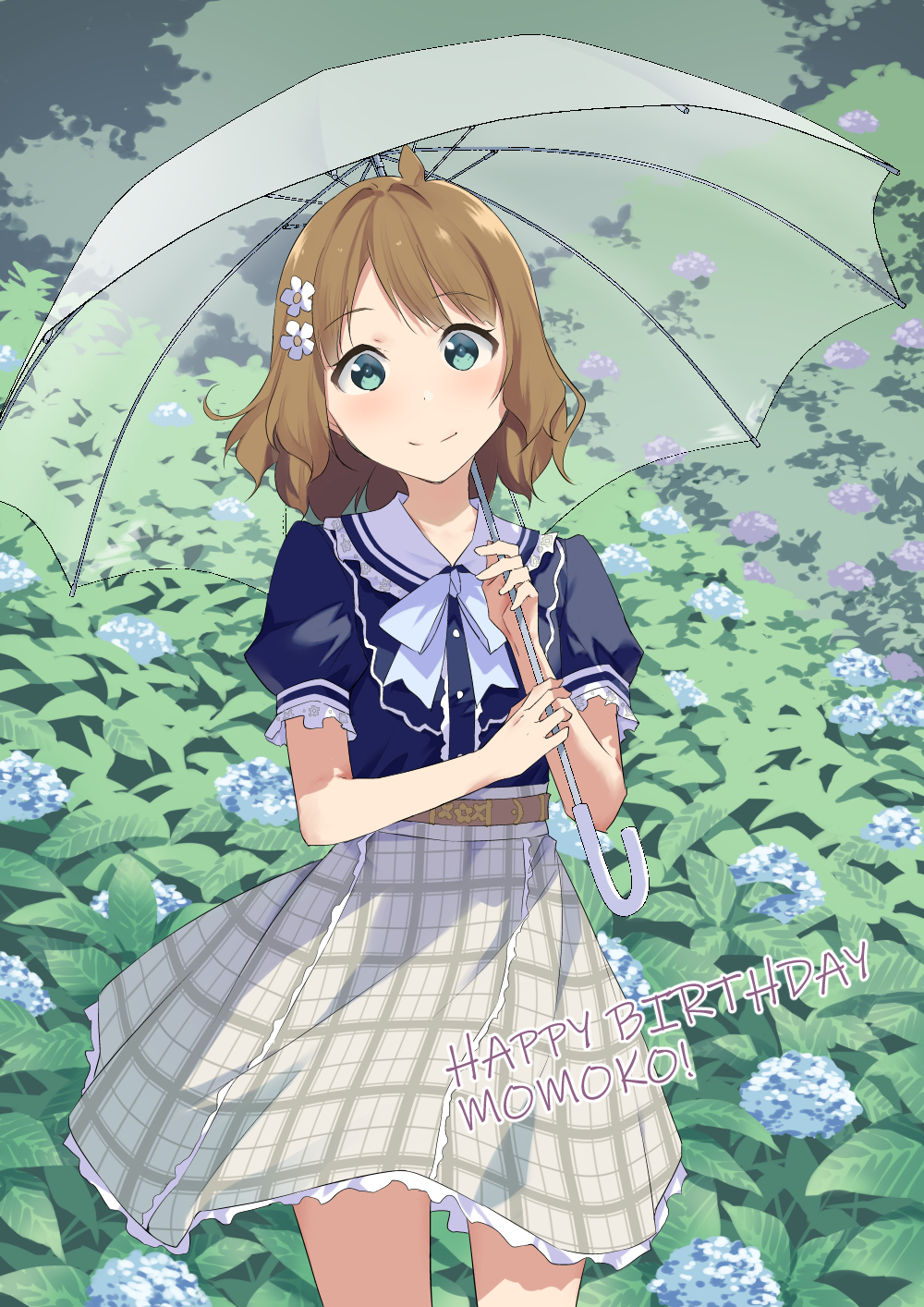 1girl ahoge blue_ribbon blue_shirt character_name closed_mouth collar cowboy_shot day dot_nose flower green_eyes grey_skirt hair_flower hair_ornament happy_birthday highres holding holding_umbrella hydrangea idolmaster idolmaster_million_live! idolmaster_million_live!_theater_days leaf light_blush light_brown_hair light_smile looking_at_viewer medium_hair mikaze_takashi neck_ribbon official_alternate_costume outdoors parted_bangs plaid_clothes plaid_skirt private_dress_(idolmaster_million_live!) puffy_short_sleeves puffy_sleeves ribbon shirt short_sleeves sidelocks skirt solo standing suou_momoko transparent transparent_umbrella umbrella wavy_hair white_collar