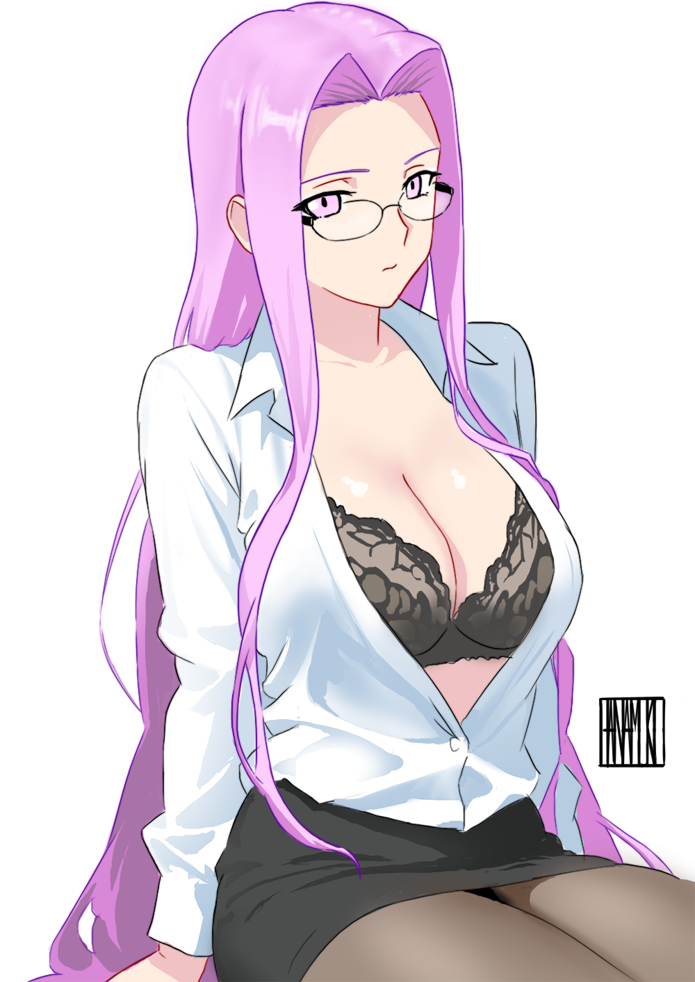 black_bra bra breasts cleavage fate/grand_order fate/stay_night fate_(series) forehead glasses hanamuko highres large_breasts long_hair medusa_(fate) medusa_(rider)_(fate) purple_eyes purple_hair simple_background underwear very_long_hair white_background