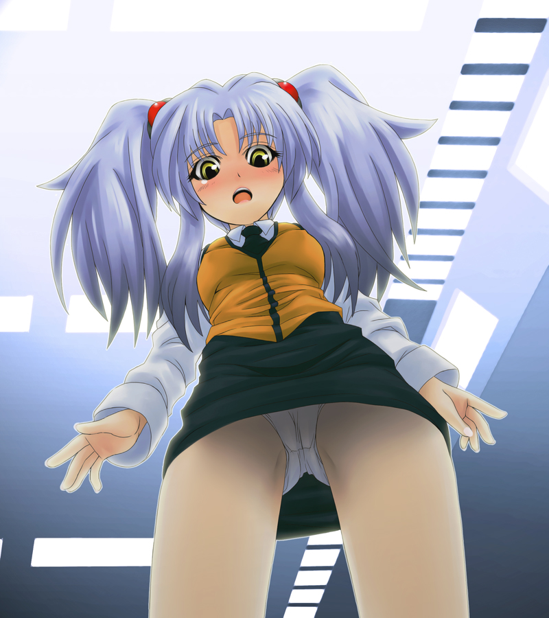 1girl blush cameltoe ebi_tendon female_focus from_below hoshino_ruri kidou_senkan_nadesico long_hair looking_down panties purple_hair solo twintails underwear uniform upskirt yellow_eyes