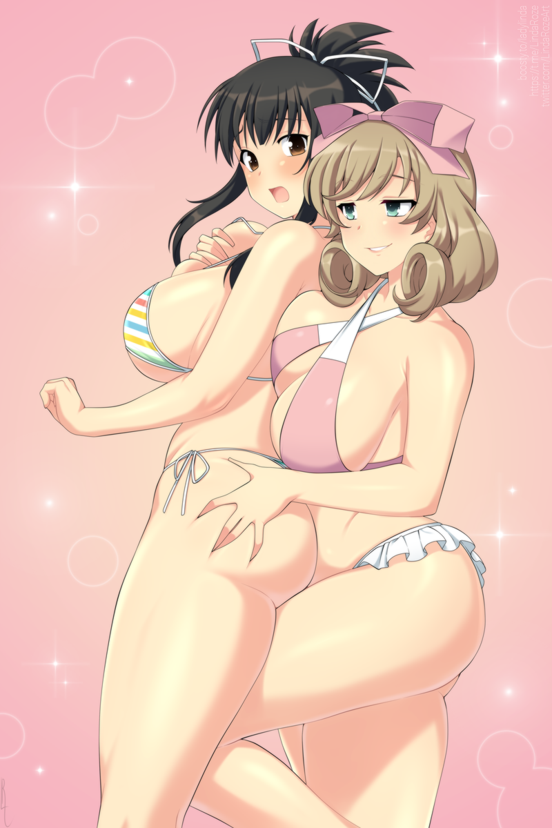 2girls ass asuka_(senran_kagura) bare_shoulders bikini black_hair blush breasts brown_eyes brown_hair curly_hair deep_skin grabbing_another&#039;s_ass green_eyes groping hair_ribbon haruka_(senran_kagura) huge_ass large_breasts lindaroze long_hair looking_back multiple_girls naughty_face open_mouth ponytail ribbon senran_kagura sideboob smile swimsuit thick_thighs thighs