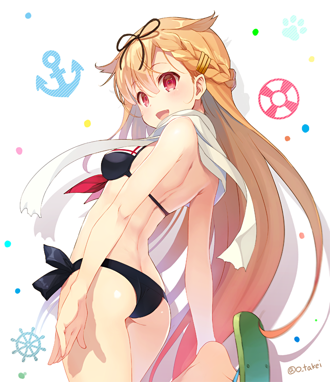 1girl adapted_costume anchor arched_back arms_at_sides ass bare_arms bare_back bare_legs bare_shoulders bikini black_bikini black_ribbon blonde_hair blush braid breasts female_focus flip-flops french_braid from_behind gradient_hair hair_ornament hair_ribbon hairclip kantai_collection leg_up lifebuoy long_hair looking_to_the_side multicolored_hair pink_hair red_eyes ribbon sailor_bikini sailor_collar sandals scarf small_breasts solo standing standing_on_one_leg steering_wheel swim_ring swimsuit takei_ooki tareme thighs twitter_username very_long_hair white_scarf yuudachi_(kancolle) yuudachi_kai_ni_(kancolle) yuudachi_kai_ni_(swimsuit)_(kancolle)