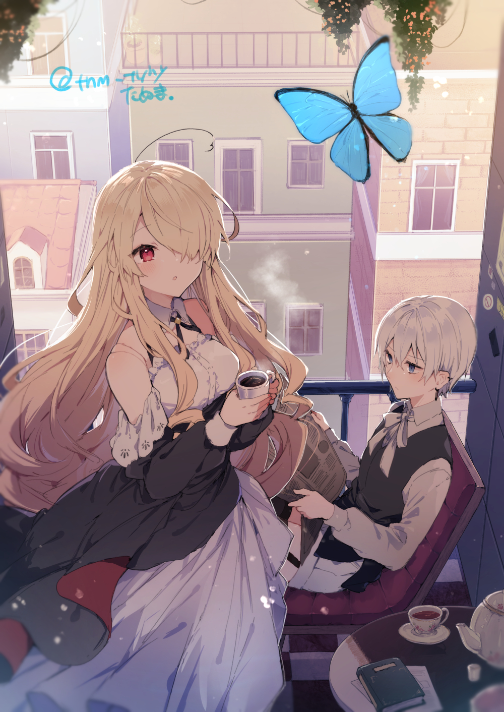 1boy 1girl ahoge awestruck balcony bare_shoulders blonde_hair blue_eyes blush book bow bowtie breasts bug building butterfly cityscape cleavage_cutout clothing_cutout coffee coffee_mug commentary cuffs cup curly_hair cushion day doll_joints dress dress_shirt edel_(ikeuchi_tanuma) garter_straps hair_over_one_eye hanging_plant highres holding holding_cup holding_newspaper ikeuchi_tanuma insect joints light_particles long_hair looking_at_animal medium_breasts mug newspaper open_mouth original outdoors paper plant plate red_eyes rooftop round_table rudy_(ikeuchi_tanuma) shadow shirt short_hair shorts sitting sleeveless sleeveless_dress standing steam table tea teacup teapot thighhighs trap vest waistcoat white_dress white_hair window