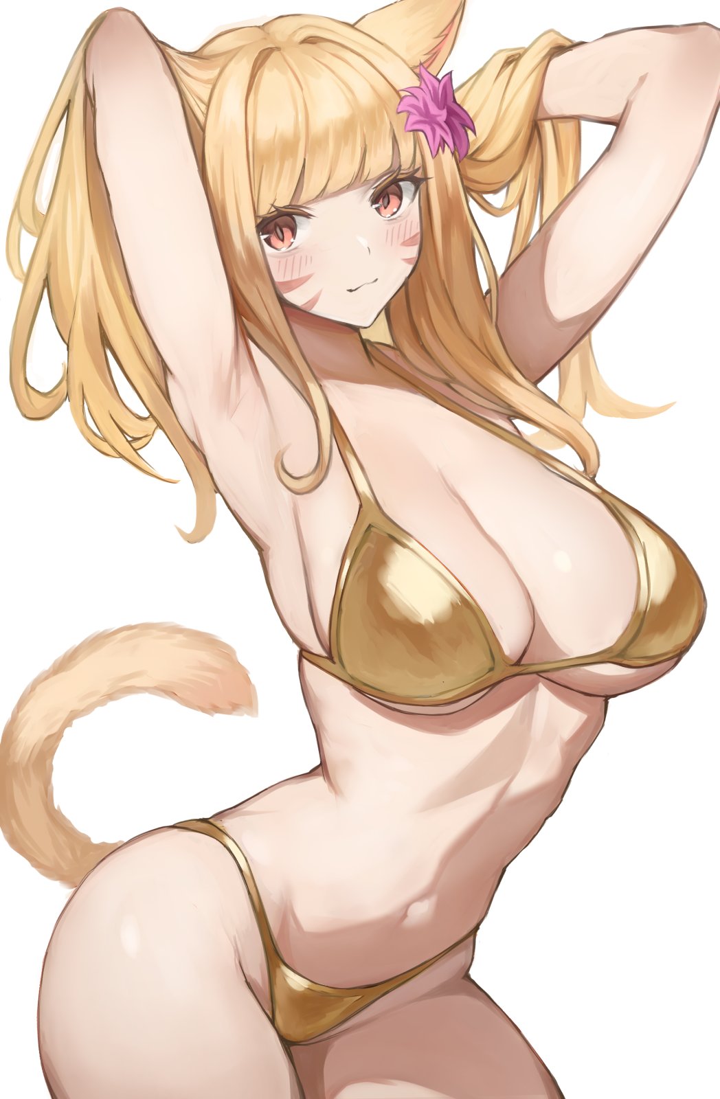 1girl animal_ears armpits arms_up bikini blonde_hair blunt_bangs blush breasts cat_ears cat_girl cat_tail cleavage closed_mouth commentary cowboy_shot dot_nose facial_mark final_fantasy final_fantasy_xiv flower gold_bikini hair_flower hair_ornament hands_in_own_hair highres large_breasts long_hair looking_at_viewer miqo&#039;te navel orange_eyes purple_flower simple_background slit_pupils solo swimsuit tail torisanff14 warrior_of_light_(ff14) whisker_markings white_background