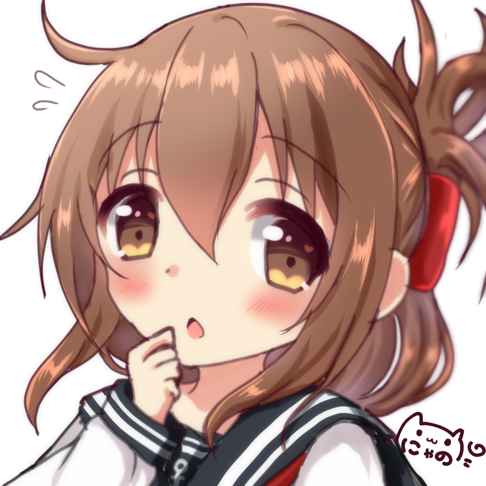 1girl anchor_symbol black_sailor_collar blush brown_eyes brown_hair chestnut_mouth commentary_request female_focus flying_sweatdrops folded_ponytail hair_between_eyes hand_up inazuma_(kancolle) kantai_collection long_hair long_sleeves nyano21 parted_lips sailor_collar school_uniform serafuku shirt signature simple_background sleeves_past_wrists solo upper_body white_background white_shirt