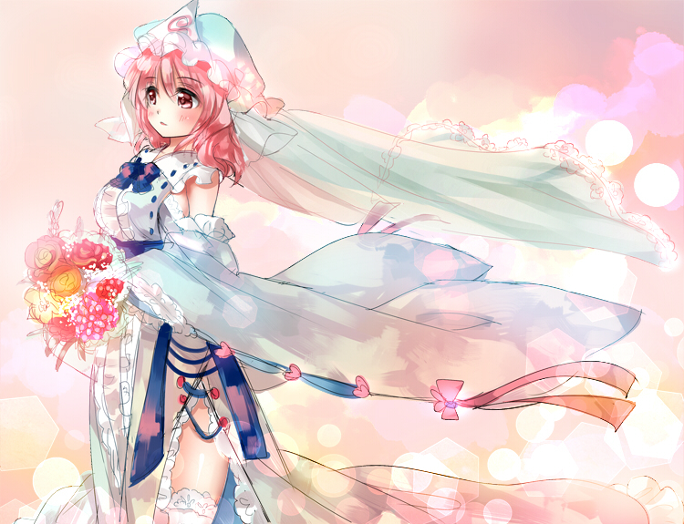 1girl adapted_costume blue_hat blue_kimono bouquet bridal_veil detached_sleeves flower frilled_kimono frills hat holding holding_bouquet japanese_clothes kimono looking_at_viewer mob_cap nagare open_mouth pink_background pink_eyes pink_hair saigyouji_yuyuko short_hair solo standing thighhighs touhou triangular_headpiece veil white_thighhighs wide_sleeves