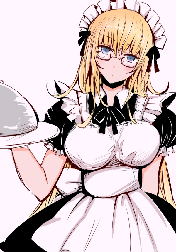 10s 1girl alternate_costume amami_reiko apron bespectacled blonde_hair blue_eyes breasts enmaided female_focus glasses gunslinger_stratos head_tilt large_breasts long_hair looking_at_viewer maid maid_apron maid_headdress olga_janetine short_sleeves solo tray