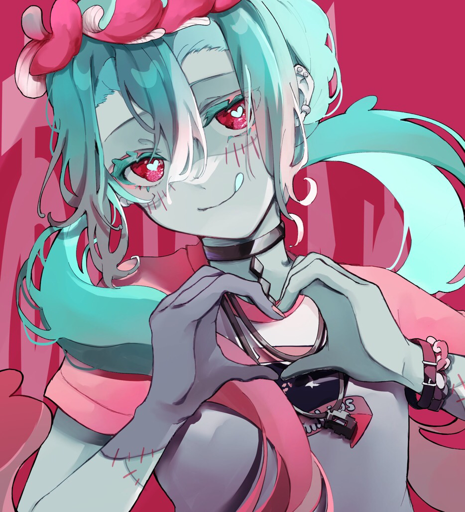 1girl amanomiya_megu colored_skin hair_ornament hatsune_miku heart heart-shaped_pupils heart_hands jewelry long_hair looking_at_viewer multicolored_hair open_mouth pink_hair red_eyes shirt short_sleeves simple_background smile solo stitched_face stitches symbol-shaped_pupils twintails vocaloid zombie zombie_(vocaloid)