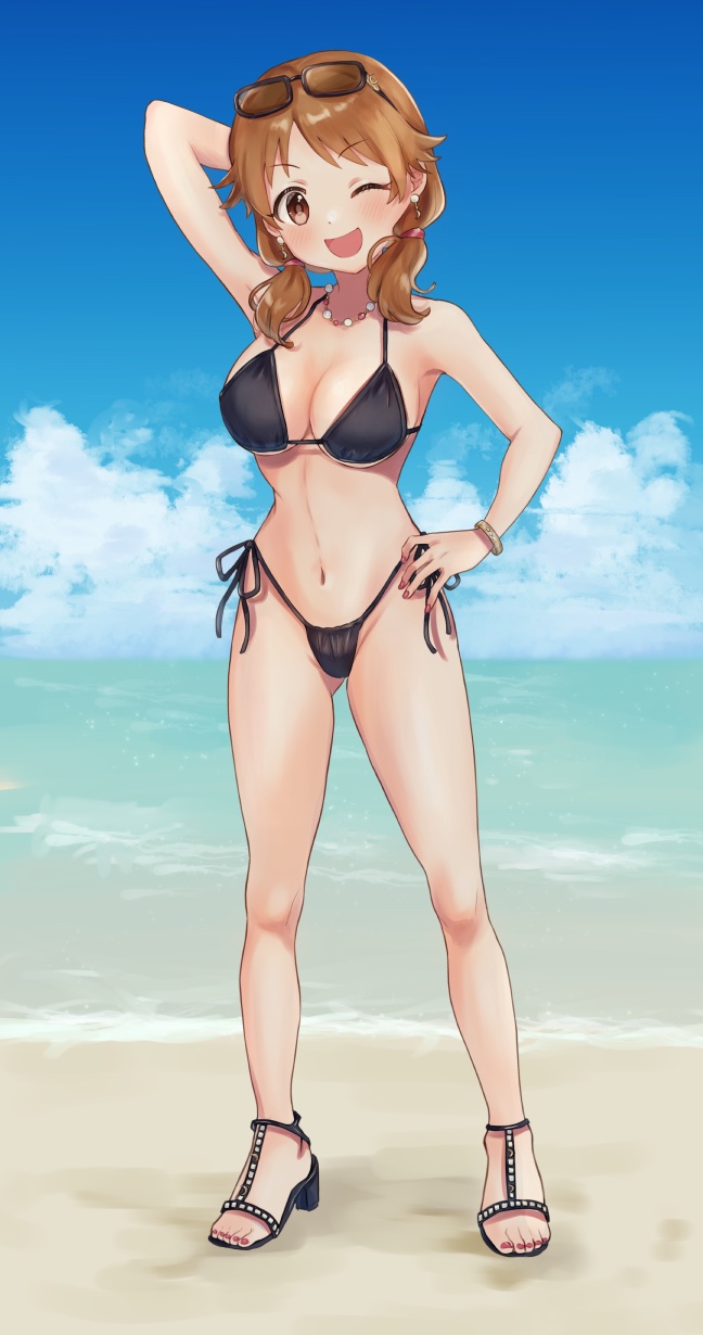 1girl arm_behind_head bare_shoulders beach bead_necklace beads bikini black-framed_eyewear black_bikini black_footwear blue_sky blush bracelet breasts brown_eyes brown_hair cleavage day dot_nose earrings eyewear_on_head full_body hair_tie hand_on_own_hip high_heels highres horizon idolmaster idolmaster_cinderella_girls idolmaster_cinderella_girls_starlight_stage jewelry katagiri_sanae large_breasts looking_at_viewer low_twintails model_pose navel necklace ocean one_eye_closed open_mouth outdoors red_nails short_hair side-tie_bikini_bottom sky smile solo standing sunglasses swimsuit tori_ririisu twintails v-shaped_eyebrows