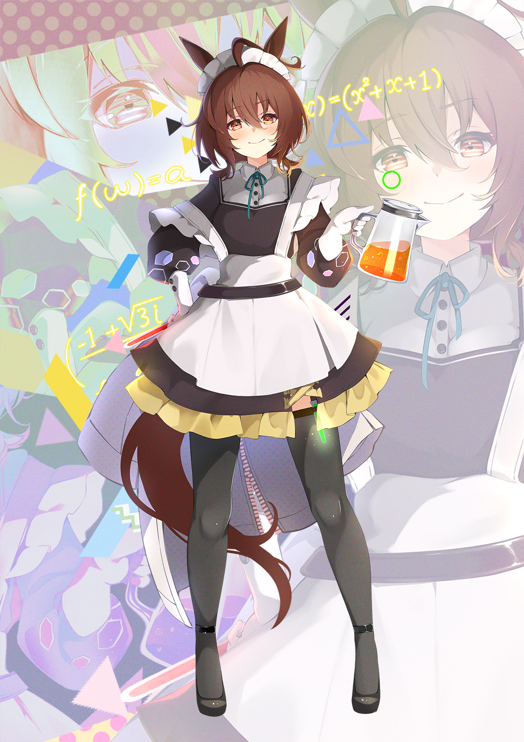 1girl agnes_tachyon_(umamusume) ahoge alternate_costume animal_ears apron black_dress black_shoes black_thighhighs blue_ribbon blush brown_eyes brown_hair closed_mouth collared_shirt commentary_request dress dress_shirt enmaided hair_between_eyes hand_on_own_hip highres holding horse_ears horse_girl horse_tail long_sleeves looking_at_viewer maid maid_headdress neck_ribbon original pilokey puffy_long_sleeves puffy_sleeves ribbon shirt shoes smile solo standing strap_slip tail thighhighs umamusume white_apron white_shirt zoom_layer