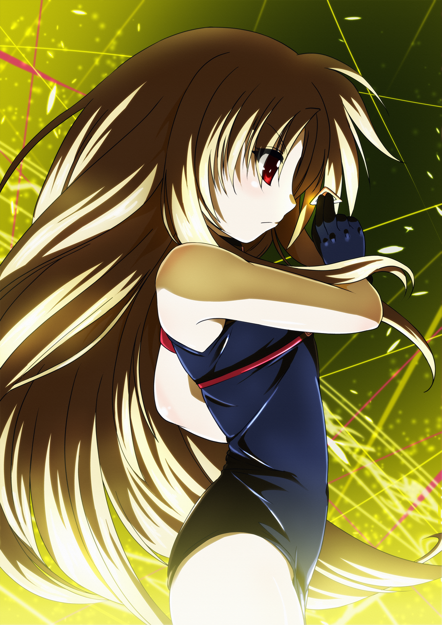 1girl bardiche_(nanoha) bardiche_(standby_form)_(nanoha) black_gloves black_leotard blonde_hair closed_mouth commentary_request cowboy_shot fate_testarossa female_focus from_side frown gloves highres holding leotard light_particles long_hair lyrical_nanoha magic_circle mahou_shoujo_lyrical_nanoha mahou_shoujo_lyrical_nanoha_innocent red_eyes sleeveless solo standing tappa_(esperanza) v-shaped_eyebrows