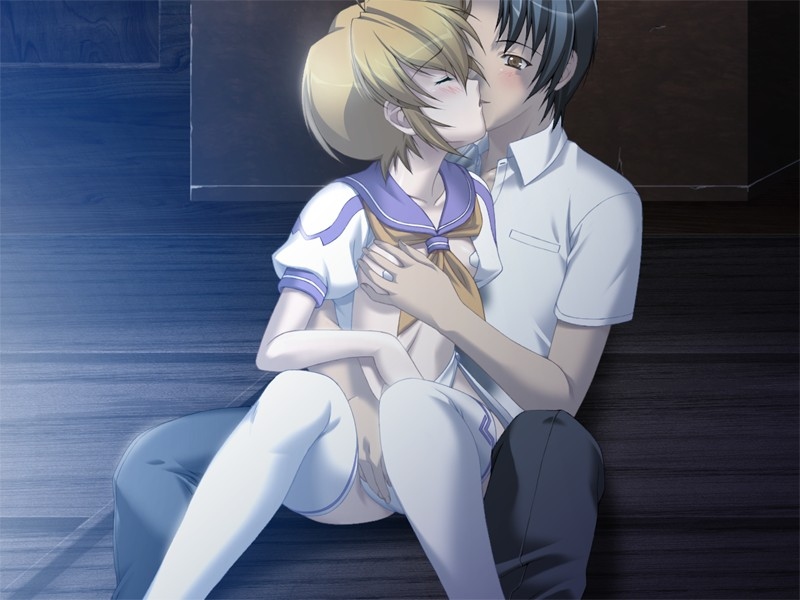 blonde_hair blush closed_eyes grabbing_another&#039;s_breast groping kiss mikage_shana nude open_mouth ribbon seiai_gakuen_fechi_ka short_hair