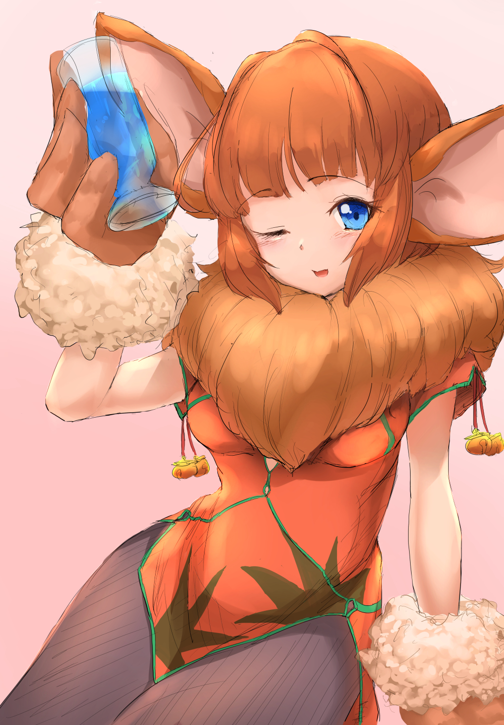 1girl animal_ears animal_hands blue_eyes breasts brown_hair china_dress chinese_clothes chrono_cross cleavage_cutout clothing_cutout dress fur gloves highres janice_(chrono_cross) long_hair looking_at_viewer minami_fuzei monster_girl one_eye_closed open_mouth pantyhose rabbit_ears short_hair simple_background smile solo