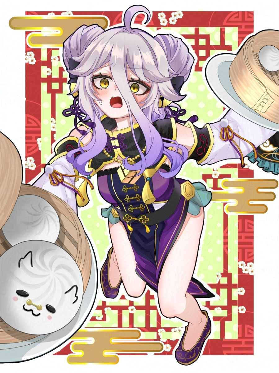 :3 ahoge baozi bell breasts china_dress chinese_clothes detached_collar detached_sleeves dim_sum double_bun dress eyeliner food gradient_hair grey_hair hair_bell hair_bun hair_ornament henya_the_genius henya_the_genius_(kung-fu_henya) highres hrk_itoshi makeup medium_breasts multicolored_hair open_mouth pelvic_curtain plate purple_dress purple_footwear purple_hair red_eyeliner sidelocks sweatdrop tassel tripping virtual_youtuber vshojo yellow_eyes