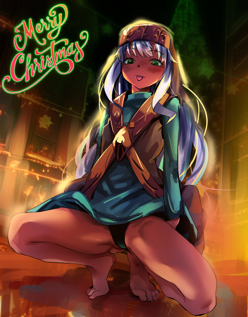 1girl :p bare_legs barefoot black_panties commentary_request green_eyes grey_hair habit index_(toaru_majutsu_no_index) indoors long_hair long_sleeves meiohsei merry_christmas nun panties pantyshot robe solo squatting toaru_majutsu_no_index tongue tongue_out underwear