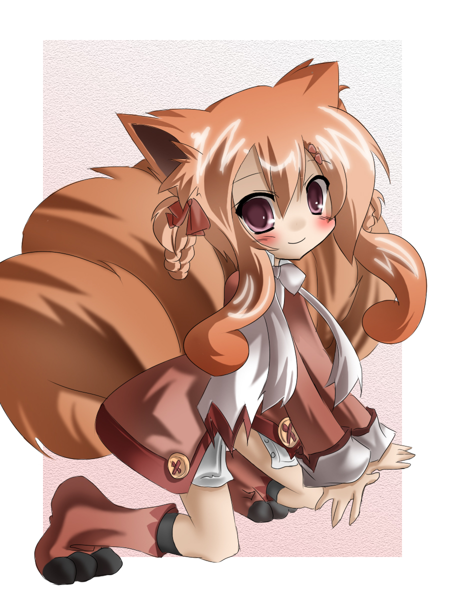 1girl animal_ears ascot bad_id bad_pixiv_id blush boots bow braid brown_hair creatures_(company) female_focus fox_ears fox_tail game_freak gen_1_pokemon hair_bow hair_ribbon highres long_hair multiple_tails nemokochi nintendo personification pokemon purple_eyes ribbon smile solo tail tetsu_tissue twin_braids vulpix