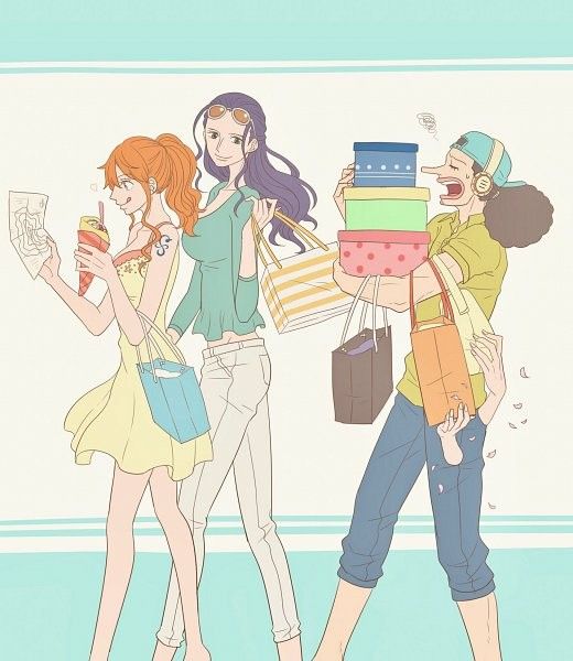 1boy 2girls black_hair carrying_bag disembodied_hand dress food hana_hana_no_mi hat ice_cream long_hair long_nose looking_at_another map mecha multiple_girls nami_(one_piece) nico_robin one_piece orange_hair ponytail purple_hair robot sunglasses sweat tattoo usopp walker_(robot) walking