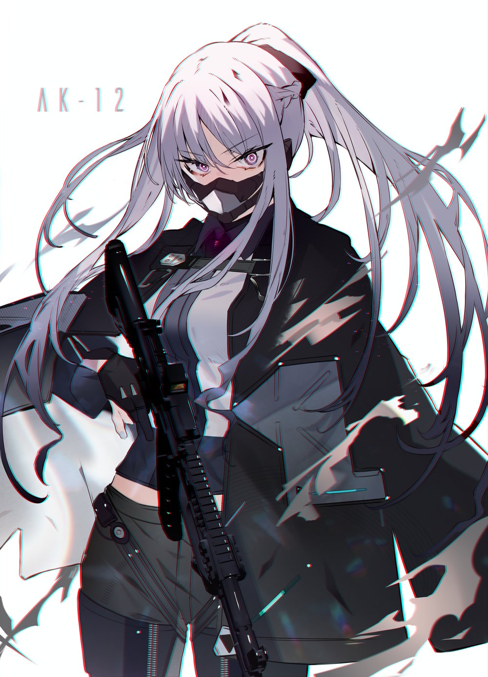 1girl ak-12 ak-12_(girls&#039;_frontline) assault_rifle braid cape fingerless_gloves french_braid girls&#039;_frontline gloves gun high_ponytail highres kalashnikov_rifle mask partially_fingerless_gloves pink_eyes rifle sidelocks silver_hair solo soukou_makura standing tactical_clothes weapon