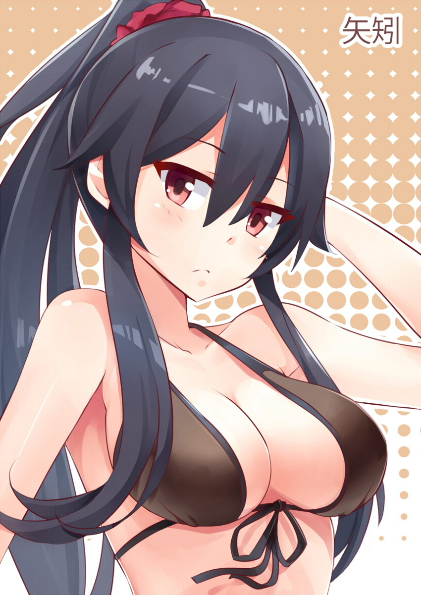 10s 1girl arm_up bare_shoulders bikini black_bikini black_hair breasts cleavage female_focus front-tie_top hair_between_eyes halftone halftone_background highres kantai_collection large_breasts long_hair mmrailgun ponytail red_eyes sidelocks solo swimsuit upper_body yahagi_(kancolle)