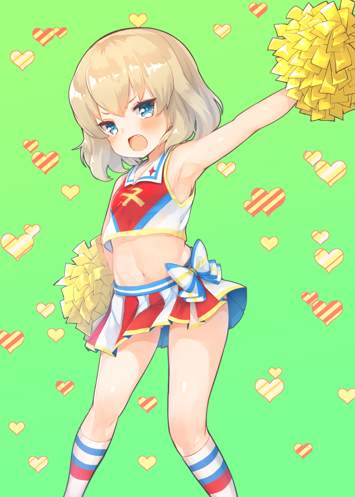 10s 1girl arm_up armpits blonde_hair blue_eyes blush cheerleader crop_top emblem fang female_focus girls_und_panzer gluteal_fold katyusha_(girls_und_panzer) midriff miniskirt navel open_mouth pleated_skirt pom_pom_(cheerleading) pravda_(emblem) short_hair skirt solo suzuho_hotaru