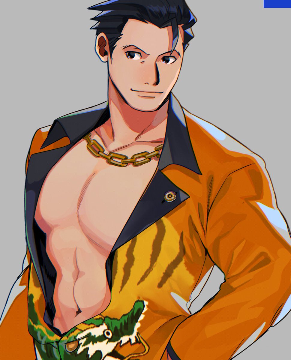 1boy ace_attorney bad_id bad_twitter_id bare_pectorals black_hair capcom chain chain_necklace cosplay dragon_print furio_tigre furio_tigre_(cosplay) grey_background hair_slicked_back head_tilt highres jacket jewelry looking_to_the_side male_focus muscular navel necklace open_clothes open_jacket paguraisu pectorals phoenix_wright phoenix_wright:_ace_attorney_-_trials_and_tribulations short_hair simple_background smile solo yellow_jacket