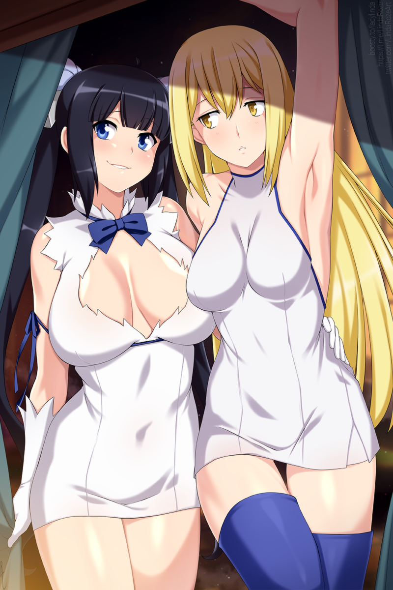 2girls aiz_wallenstein arm_up armpits black_hair blonde_hair blue_eyes blue_ribbon blue_thighhighs blurry blurry_background breasts cleavage_cutout clothing_cutout commentary dress dungeon_ni_deai_wo_motomeru_no_wa_machigatteiru_darou_ka english_commentary gloves hair_between_eyes hair_ribbon hand_on_another&#039;s_hip hestia_(danmachi) highres indoors large_breasts lindaroze long_hair looking_at_another looking_at_viewer medium_breasts multiple_girls parted_lips rei_no_himo ribbon sleeveless sleeveless_dress thigh_gap thighhighs white_dress white_gloves yellow_eyes