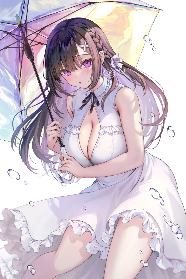 1girl :o black_ribbon blush braid breasts brown_hair bubble calm_mashiro cleavage collared_dress commentary_request dress feet_out_of_frame floating_clothes floating_hair frilled_dress frills hair_between_eyes hair_ornament hair_ribbon holding holding_umbrella large_breasts long_hair looking_at_viewer neck_ribbon original parted_lips purple_eyes ribbon signature simple_background single_braid sleeveless sleeveless_dress solo standing umbrella white_background white_dress white_ribbon x_hair_ornament