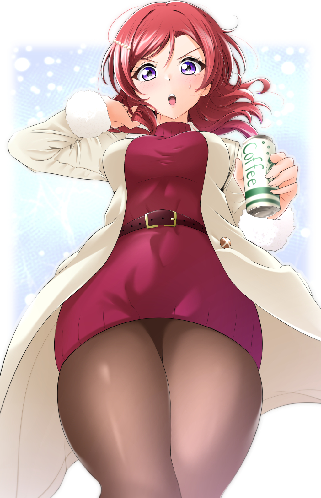 1girl :o arm_up belt breasts brown_pantyhose can canned_coffee coat dress drink_can floating_hair from_below highres holding holding_can kirisaki_reina looking_at_viewer love_live! love_live!_school_idol_project medium_breasts medium_hair nishikino_maki open_clothes open_coat open_mouth pantyhose pearl_hair_ornament purple_eyes red_belt red_dress red_hair solo sweatdrop thighs turtleneck turtleneck_dress v-shaped_eyebrows white_coat