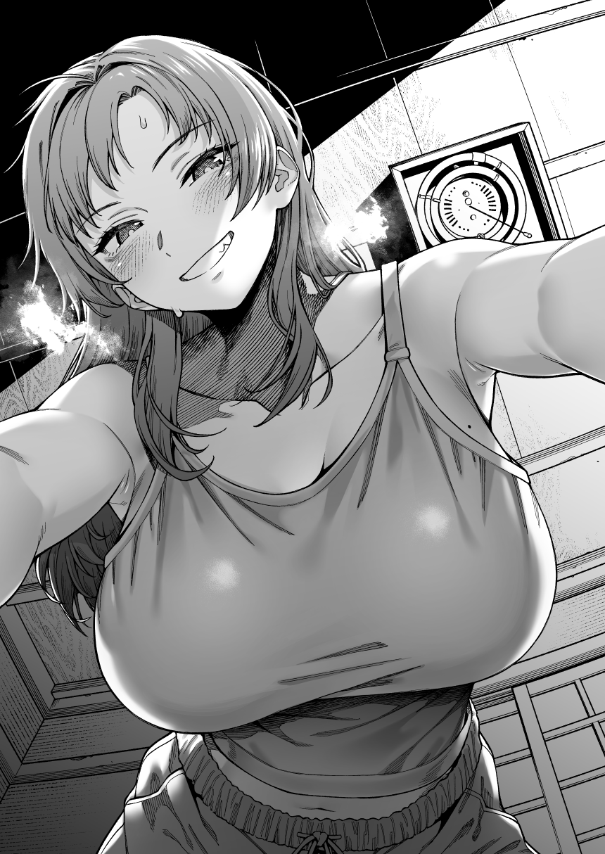 1girl blush breasts breath collarbone greyscale grin highres ice_reizou indoors large_breasts long_hair looking_at_viewer midriff mole mole_on_breast monochrome navel original sliding_doors smile solo sweat tank_top